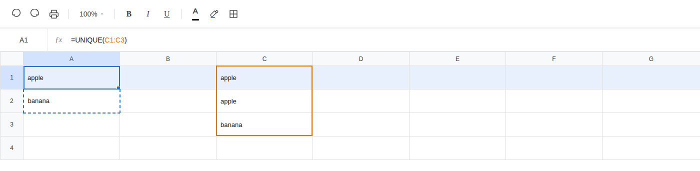 A1 selected. Formula bar shows =UNIQUE(C1). A1 is apple and A2 is banana after A2 was cleared.