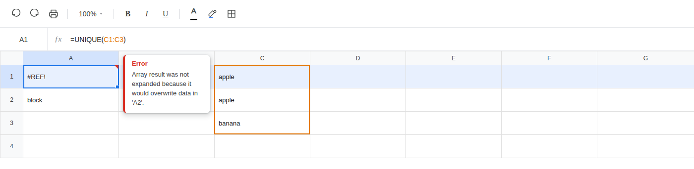 A1 selected. Formula bar shows =UNIQUE(C1). A1 is #REF!. A2 is block.