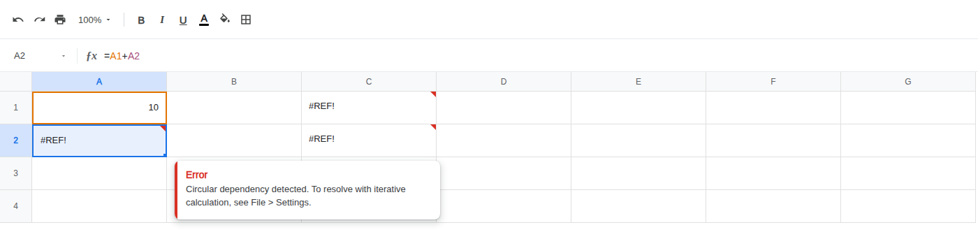 A2 selected. Formula bar shows =A1+A2. A2 is #REF!. A1 is 10.