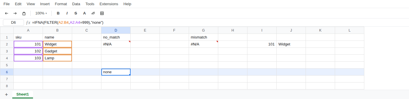 D6 selected. Formula bar shows =IFNA(FILTER(A2,A2=999),“none”). D6 is none. D2 is still #N/A. A working FILTER for 101 spills 101 / Widget.