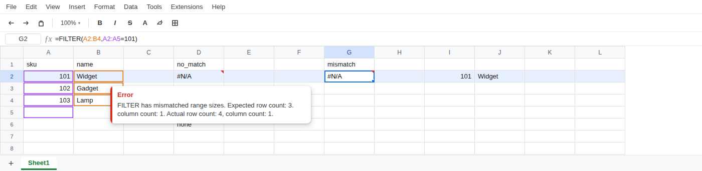 G2 selected. Formula bar shows =FILTER(A2,A2=101). G2 is #N/A. Tooltip: FILTER has mismatched range sizes. Expected row count: 3. column count: 1. Actual row count: 4, column count: 1.