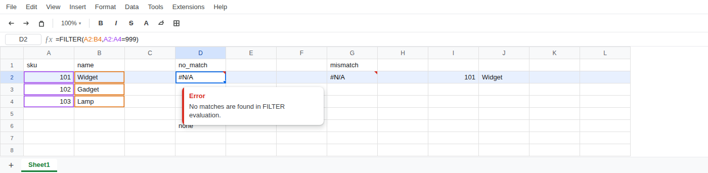 D2 selected. Formula bar shows =FILTER(A2,A2=999). D2 is #N/A. Tooltip: No matches are found in FILTER evaluation.