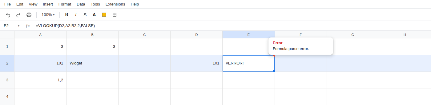 E2 selected. Formula bar shows =VLOOKUP(D2,A2,2,FALSE). E2 is #ERROR! with tooltip Formula parse error.