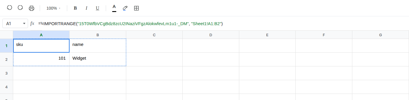 A1 selected. Formula bar shows =IMPORTRANGE(“SOURCE_ID”,“Sheet1!A1”). The formula spilled sku, name, 101, and Widget into A1.