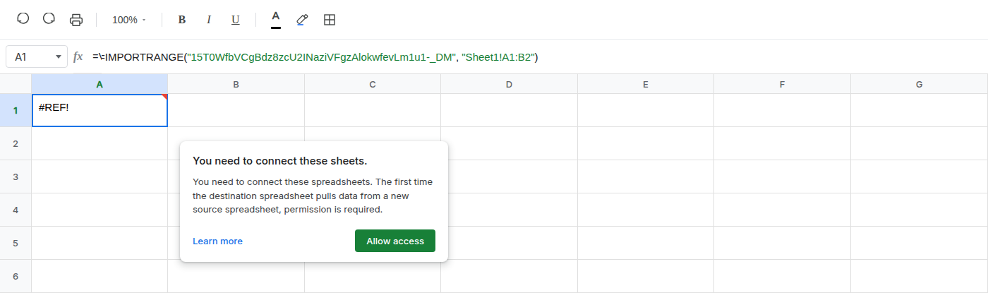 A1 selected. Formula bar shows =IMPORTRANGE(“SOURCE_ID”,“Sheet1!A1”). A1 is #REF! with the Allow access dialog.