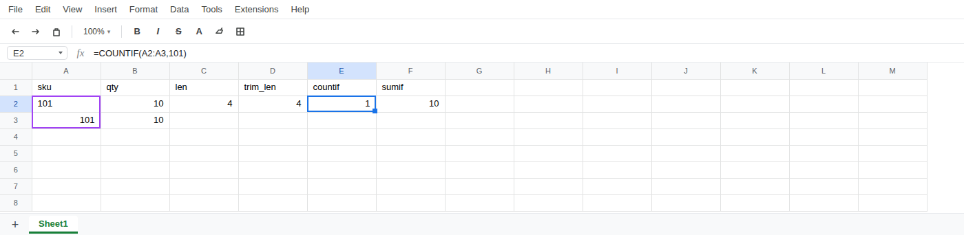 E2 selected. Formula bar shows =COUNTIF(A2,101). E2 is 1. A2 is left-aligned 101. A3 is right-aligned 101. LEN is 4. LEN of TRIM is still 4. SUMIF is 10.