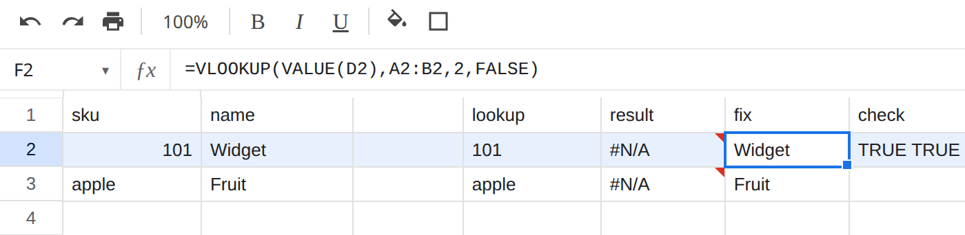 F2 selected. Formula bar shows =VLOOKUP(VALUE(D2),A2,2,FALSE) and F2 is Widget. Column E still shows #N/A. F3 is Fruit.