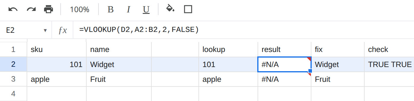 E2 selected. Formula bar shows =VLOOKUP(D2,A2,2,FALSE). E2 is #N/A because A2 is numeric 101 and D2 is text 101.