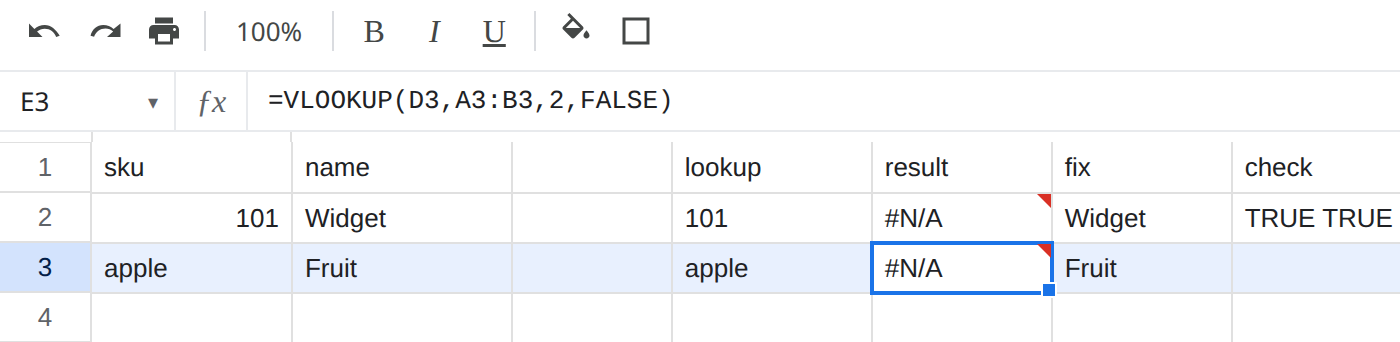 E3 selected. Formula bar shows =VLOOKUP(D3,A3,2,FALSE). E3 is #N/A because A3 has a trailing space.